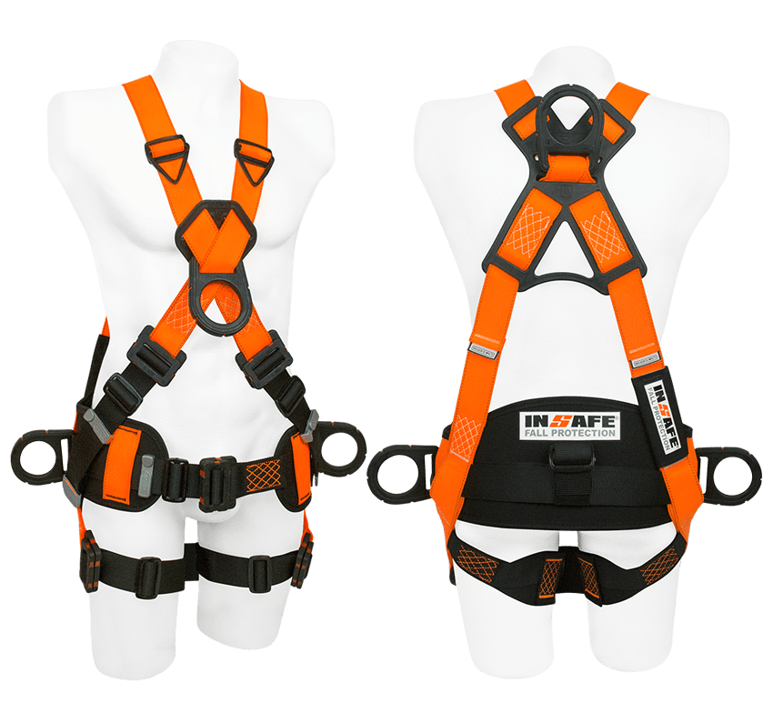 Arnés 4 argollas con soporte lumbar INSAFE - Protección para altura industrial, producto sobre fondo claro